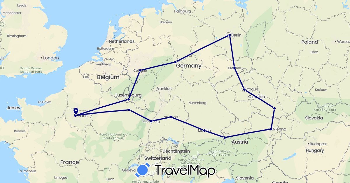 TravelMap itinerary: driving in Austria, Czech Republic, Germany, France, Luxembourg (Europe)